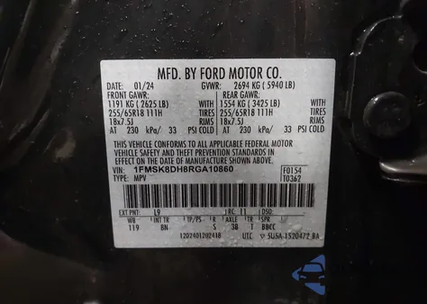 2024 Ford Explorer Xlt из США, поврежденный, VIN 1FMSK8DH8RGA10860